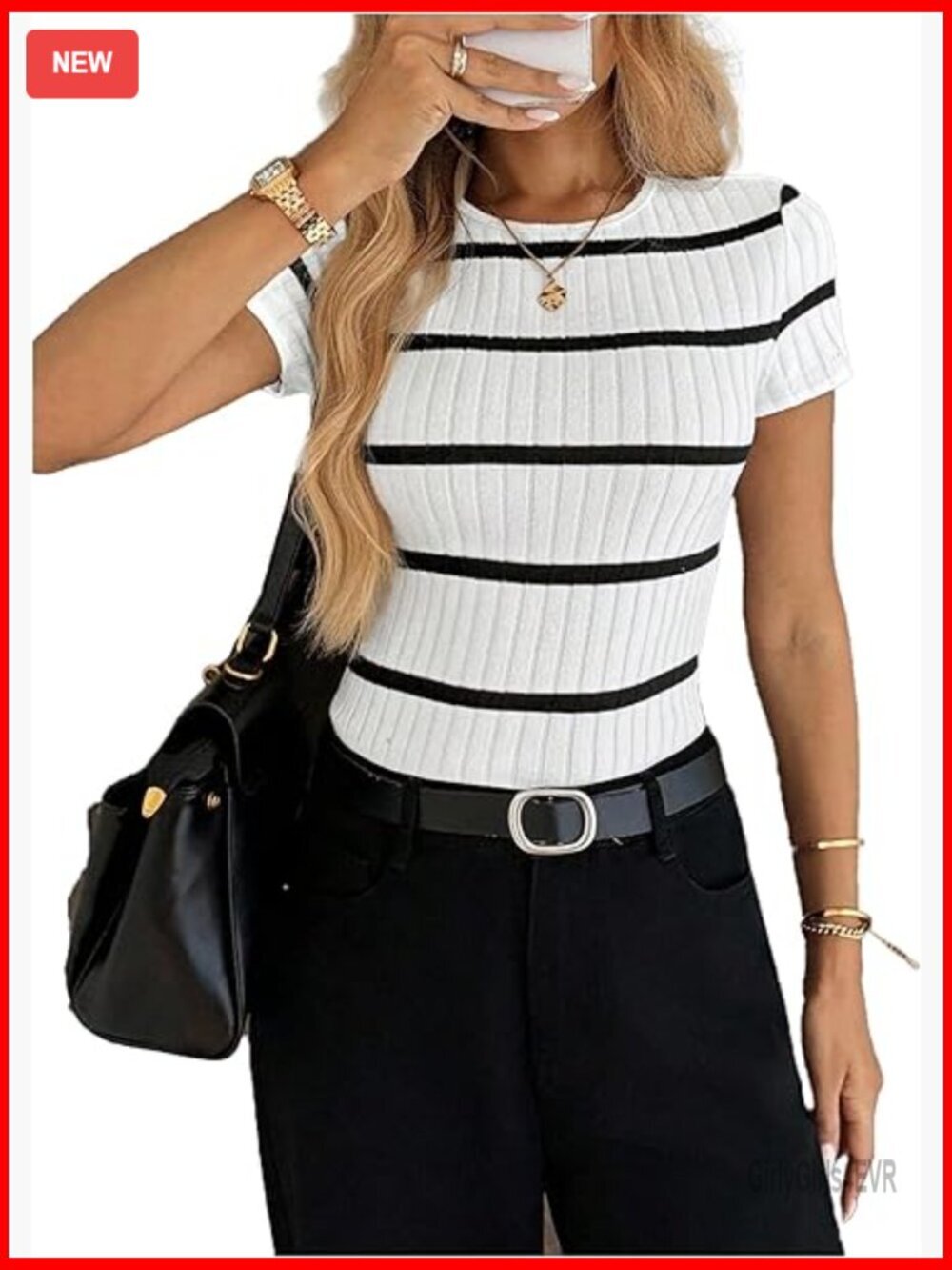 Striped Crew Neck Knit Tops for Work Casual Short Sleeve Ribbed